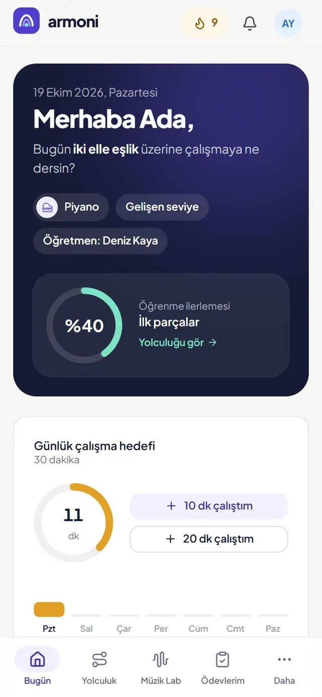 Armoni öğrenci ana ekranı